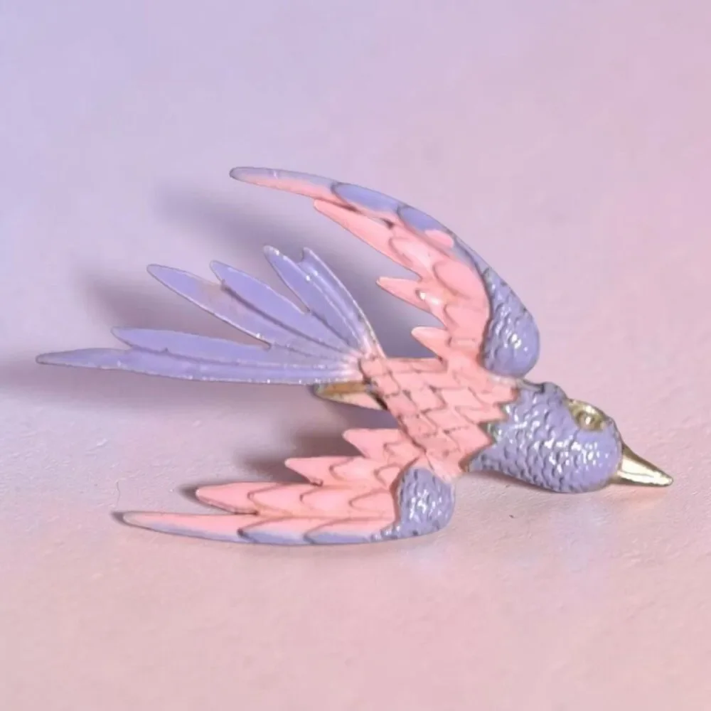 Pink Swallow Bird Brooch, Enamel Flying Bird Pin, Cottagecore Coquette Jewelry